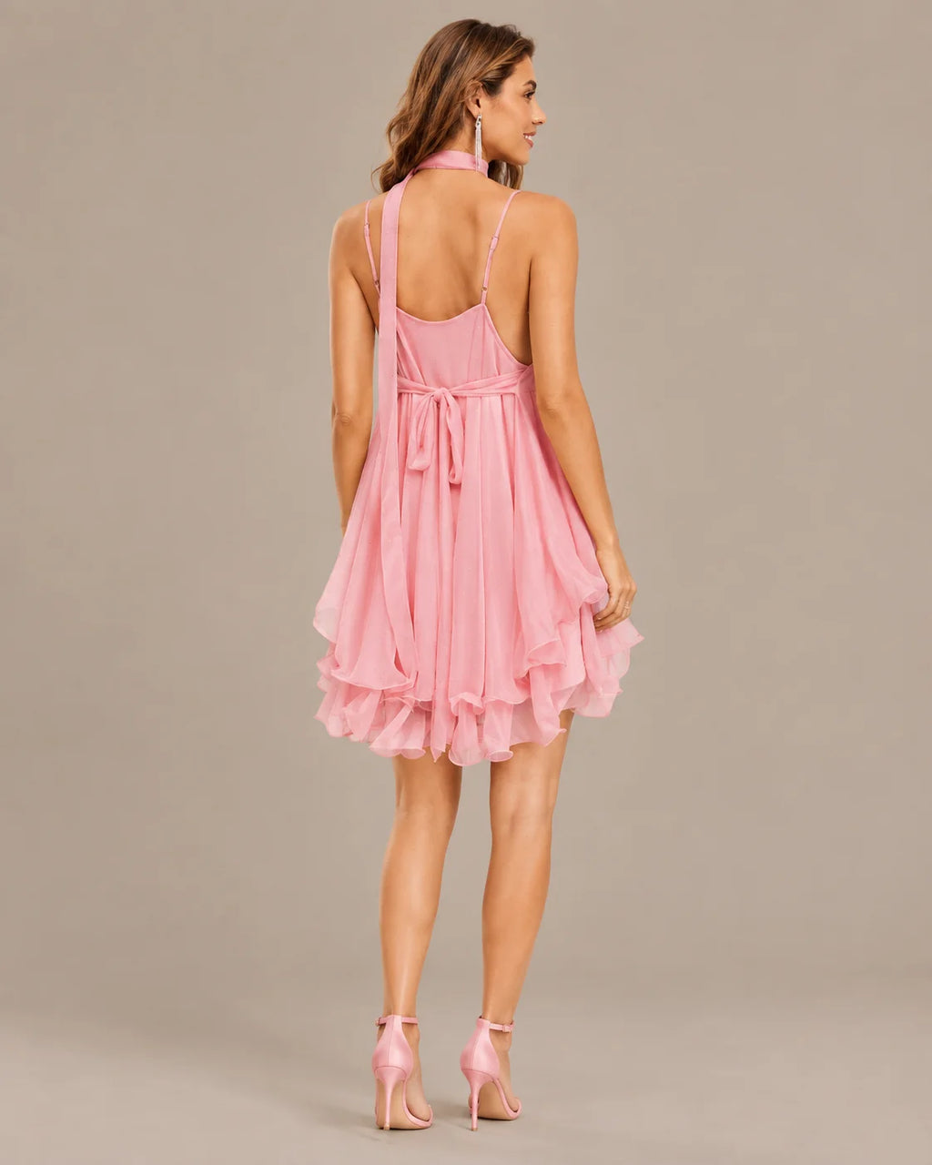 Chiffon Cami Mini Dress with Neck Scarf – Loose Ruffle Hem Party Dress | Oyese