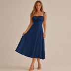 Square Neck Tie Front A-Line Midi Dress – Floral & Solid Summer Dress | Oyese
