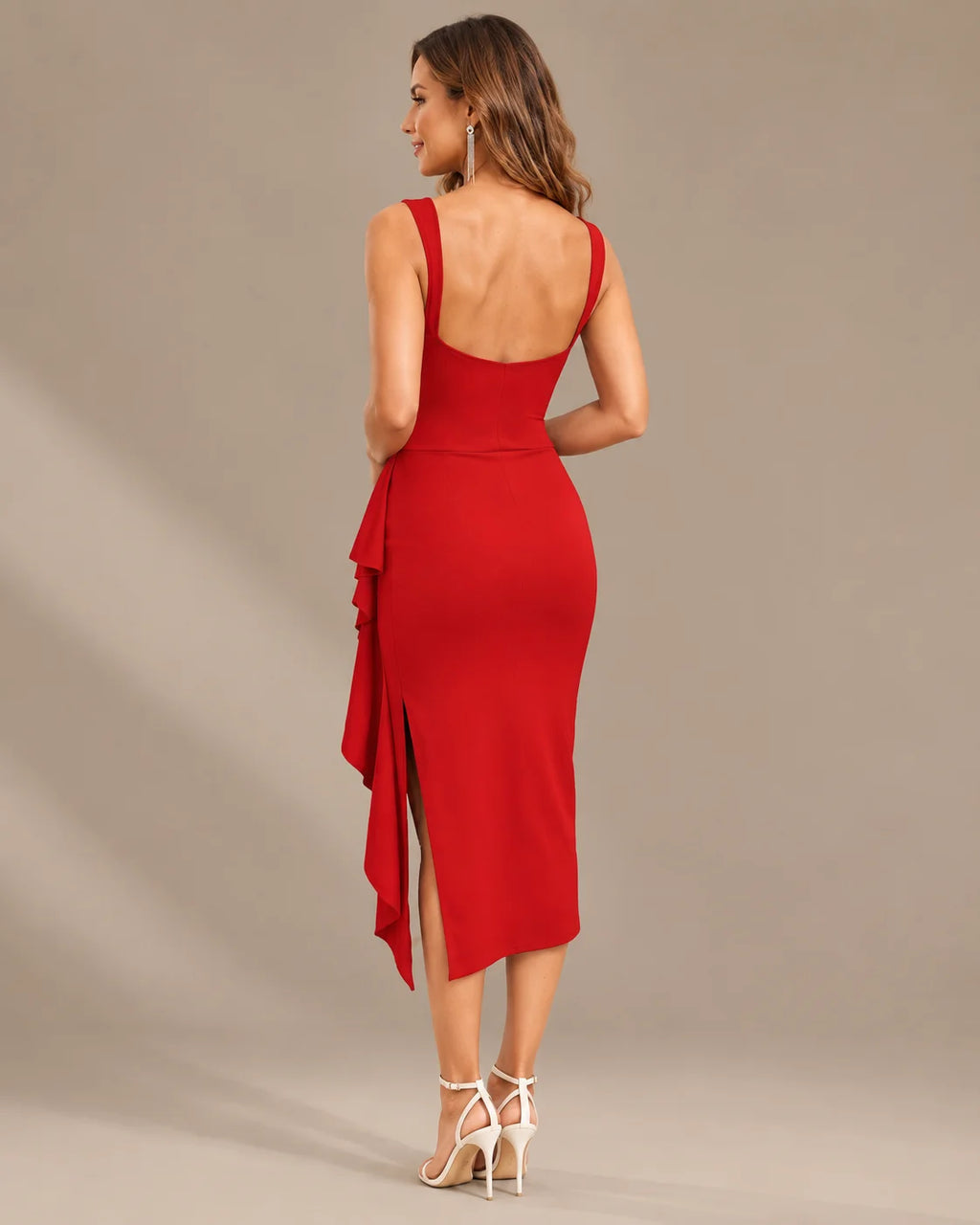 Sweetheart Bustier Ruched Side Ruffle Slit Midi Dress | Oyese