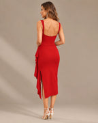 Sweetheart Bustier Ruched Side Ruffle Slit Midi Dress | Oyese