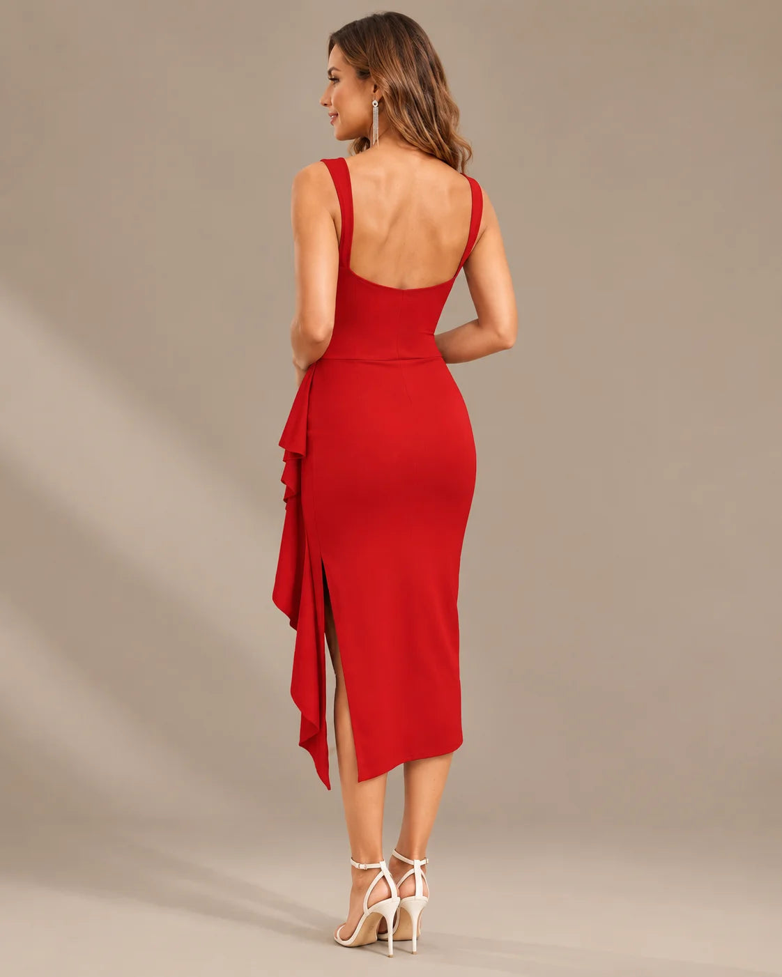 Sweetheart Bustier Ruched Side Ruffle Slit Midi Dress | Oyese