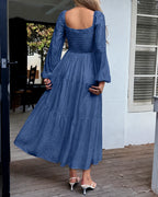 Off-Shoulder Square Neck Tiered Puff Sleeve Maxi Dress | Oyese