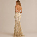 V-Neck Sequin Lace-Up Backless Mermaid Gown – Sparkly Prom Dress | Oyese