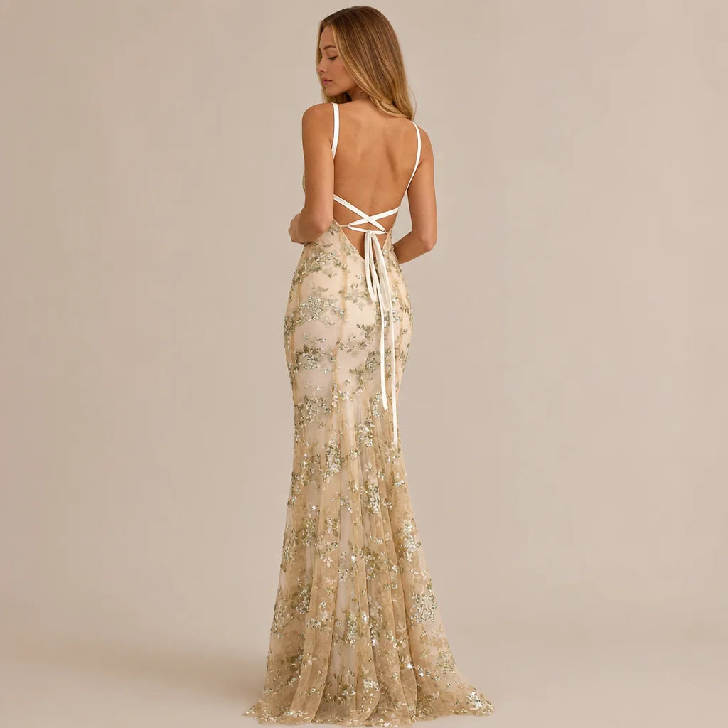 V-Neck Sequin Lace-Up Backless Mermaid Gown – Sparkly Prom Dress | Oyese