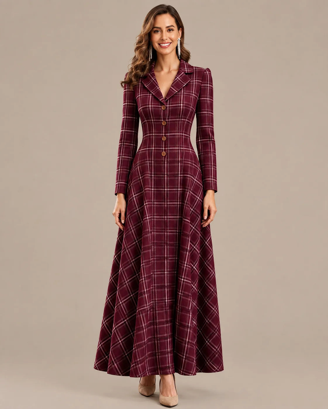 Notched Lapel Plaid Button Front A-Line Maxi Dress | Oyese
