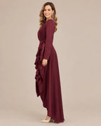 V-Neck Wrap Belted Satin High-Low Ruffle Dress | Oyese