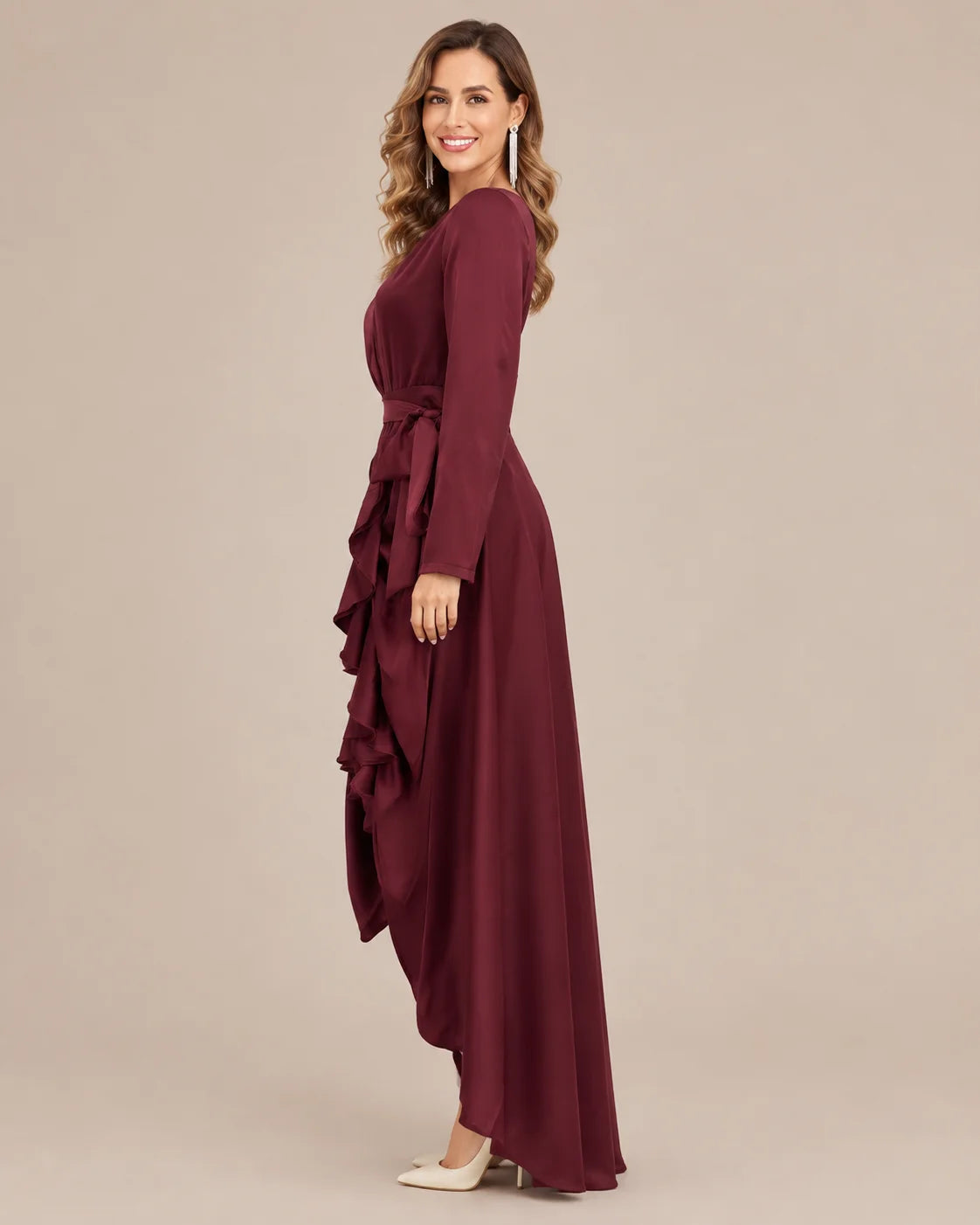 V-Neck Wrap Belted Satin High-Low Ruffle Dress | Oyese