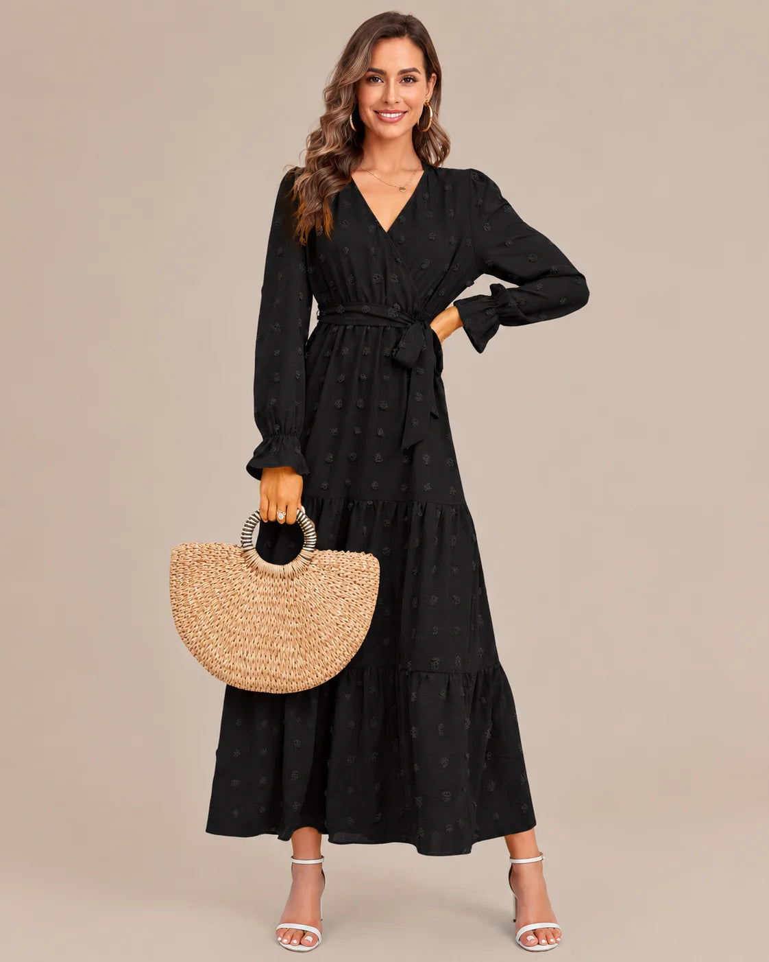 V-Neck Wrap Belted Tiered Swing Maxi Dress | Oyese