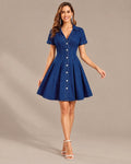 Denim Button-Front Fit & Flare Mini Dress – Collared Short Sleeve Dress | Oyese