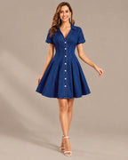 Denim Button-Front Fit & Flare Mini Dress – Collared Short Sleeve Dress | Oyese