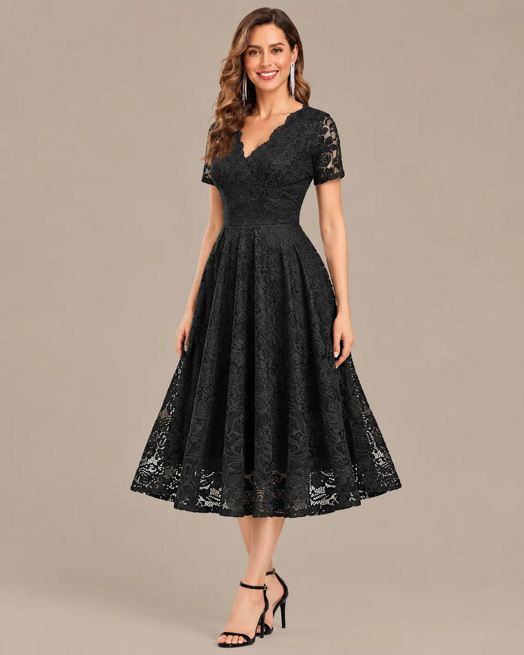 Lace V-Neck Short Sleeve Fit-and-Flare Knee Dress | Oyese