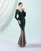 Deep V Long Sleeve Ombre Sequin Mermaid Evening Gown | Oyese