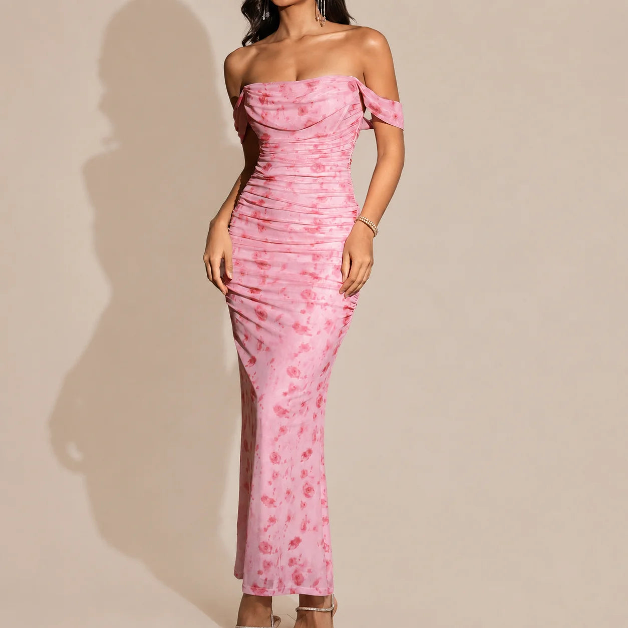 Off-Shoulder Ruched Mesh Bodycon Maxi Dress – Mermaid Evening Gown | Oyese