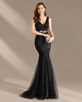 Deep V-Neck Beaded Tulle Mermaid Evening Gown | Oyese