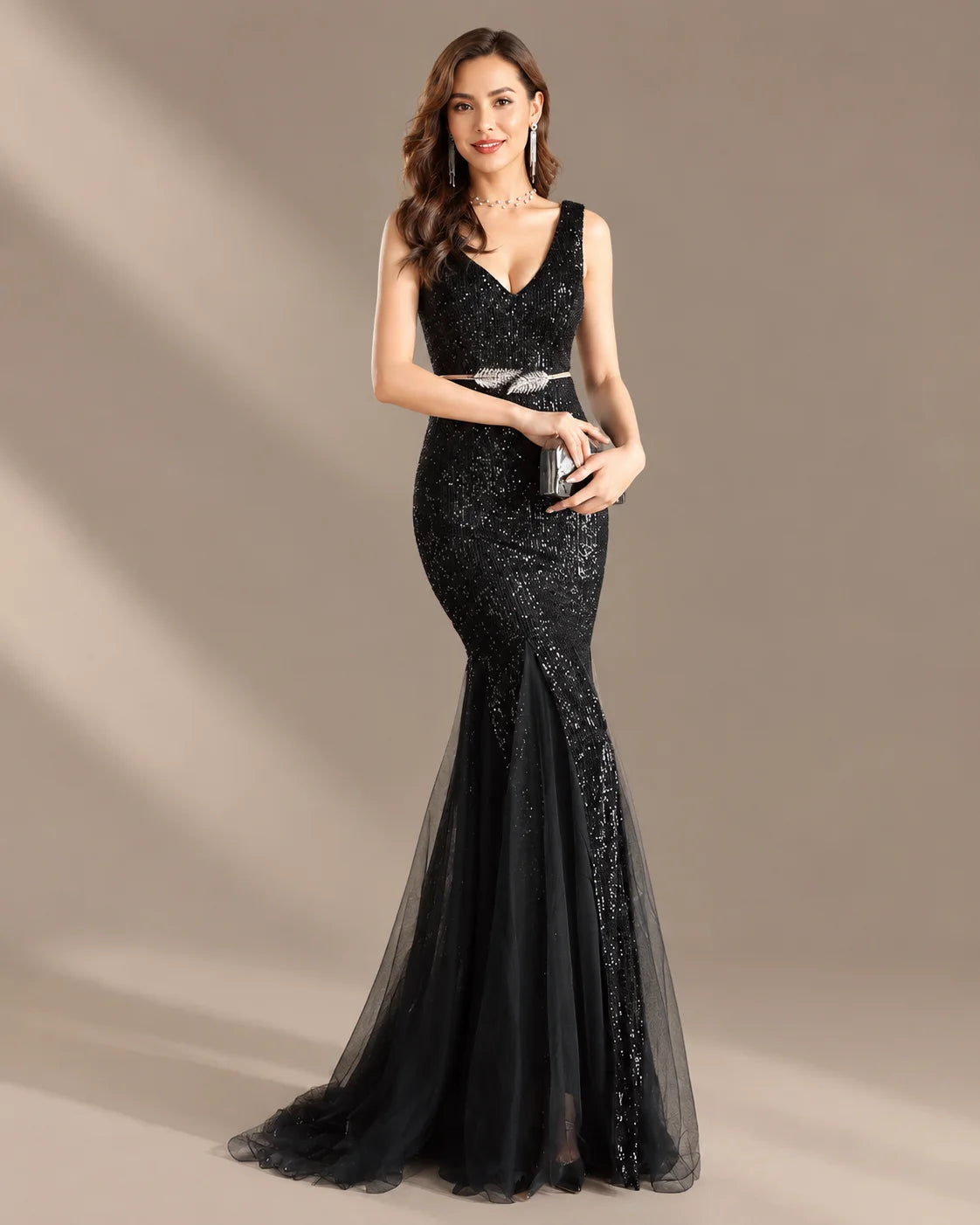 Deep V-Neck Beaded Tulle Mermaid Evening Gown | Oyese