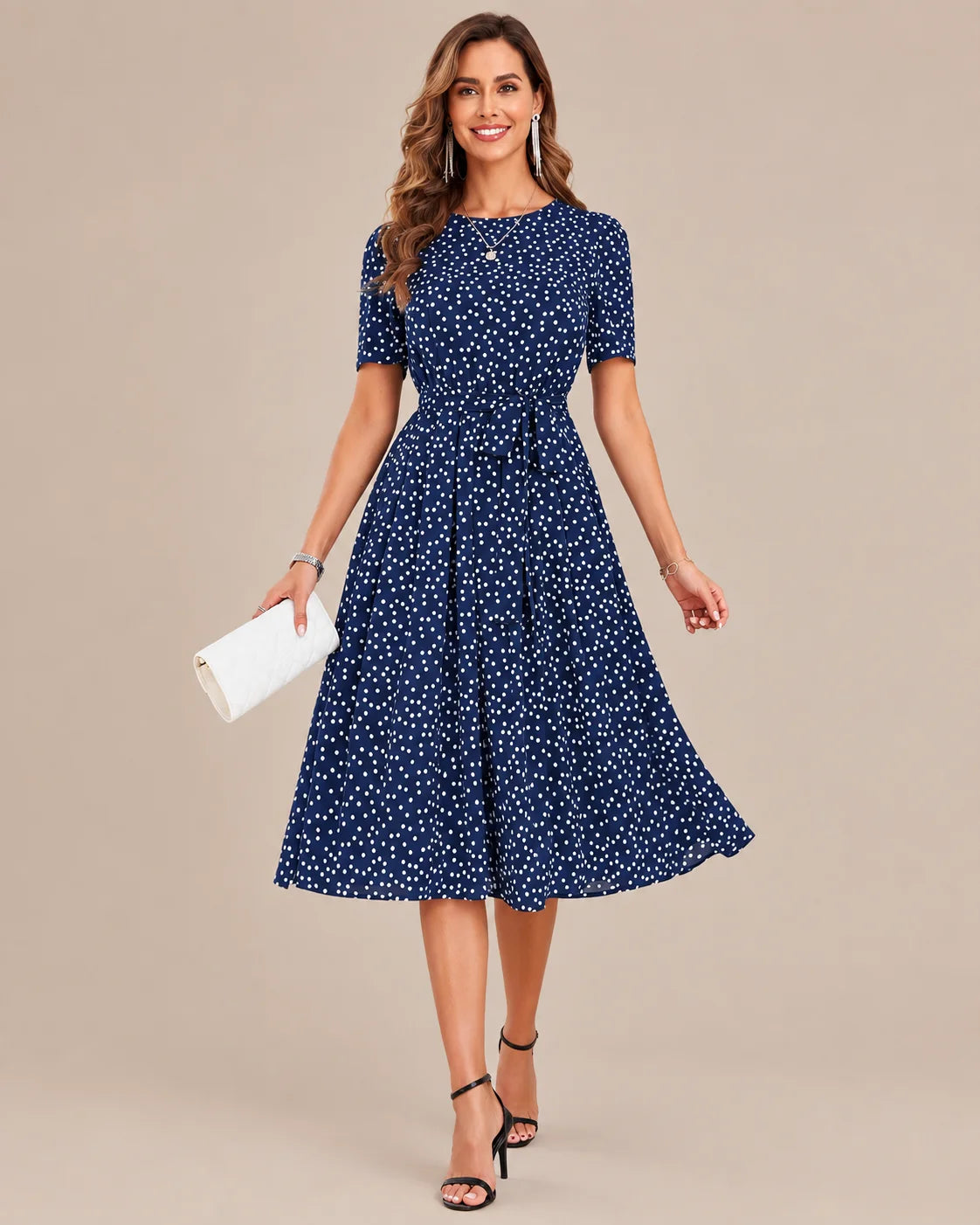 Polka Dot Tie Waist Fit-and-Flare Midi Dress | Oyese