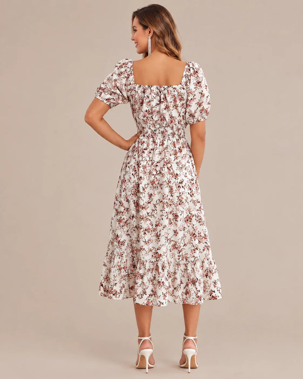 Off-Shoulder Floral Puff Sleeve Ruffle A-Line Dress | Oyese