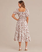 Off-Shoulder Floral Puff Sleeve Ruffle A-Line Dress | Oyese