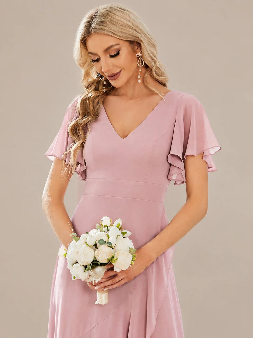 Double V-Neck Flutter Sleeve Flowy Slit Maxi Gown | Oyese