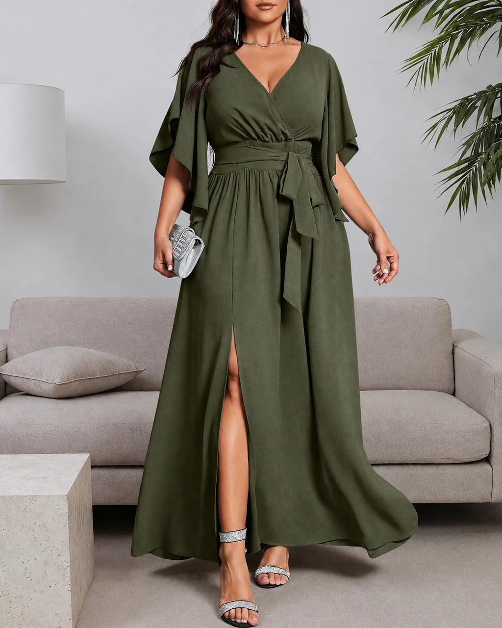 Plus Size Wrap V-Neck Flutter Sleeve Slit Maxi Dress | Oyese