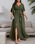 Plus Size Wrap V-Neck Flutter Sleeve Slit Maxi Dress | Oyese