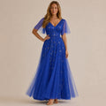 Deep V-Neck Sequin Tulle A-Line Gown – Flutter Sleeve Formal Evening Dress | Oyese