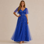 Deep V-Neck Sequin Tulle A-Line Gown – Flutter Sleeve Formal Evening Dress | Oyese