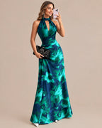 Keyhole Halter Open Back Watercolor Print Maxi Dress | Oyese