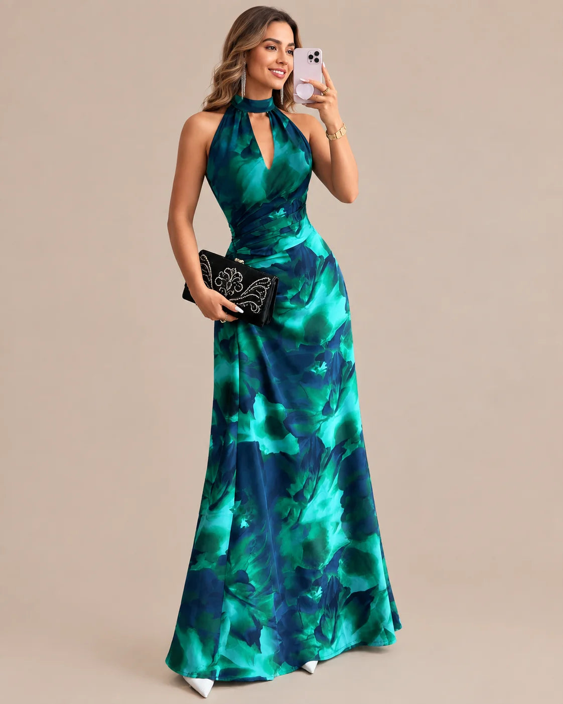 Keyhole Halter Open Back Watercolor Print Maxi Dress | Oyese
