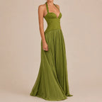 Lace Corset Halter Maxi Dress – Pleated A-Line Backless Formal Gown | Oyese