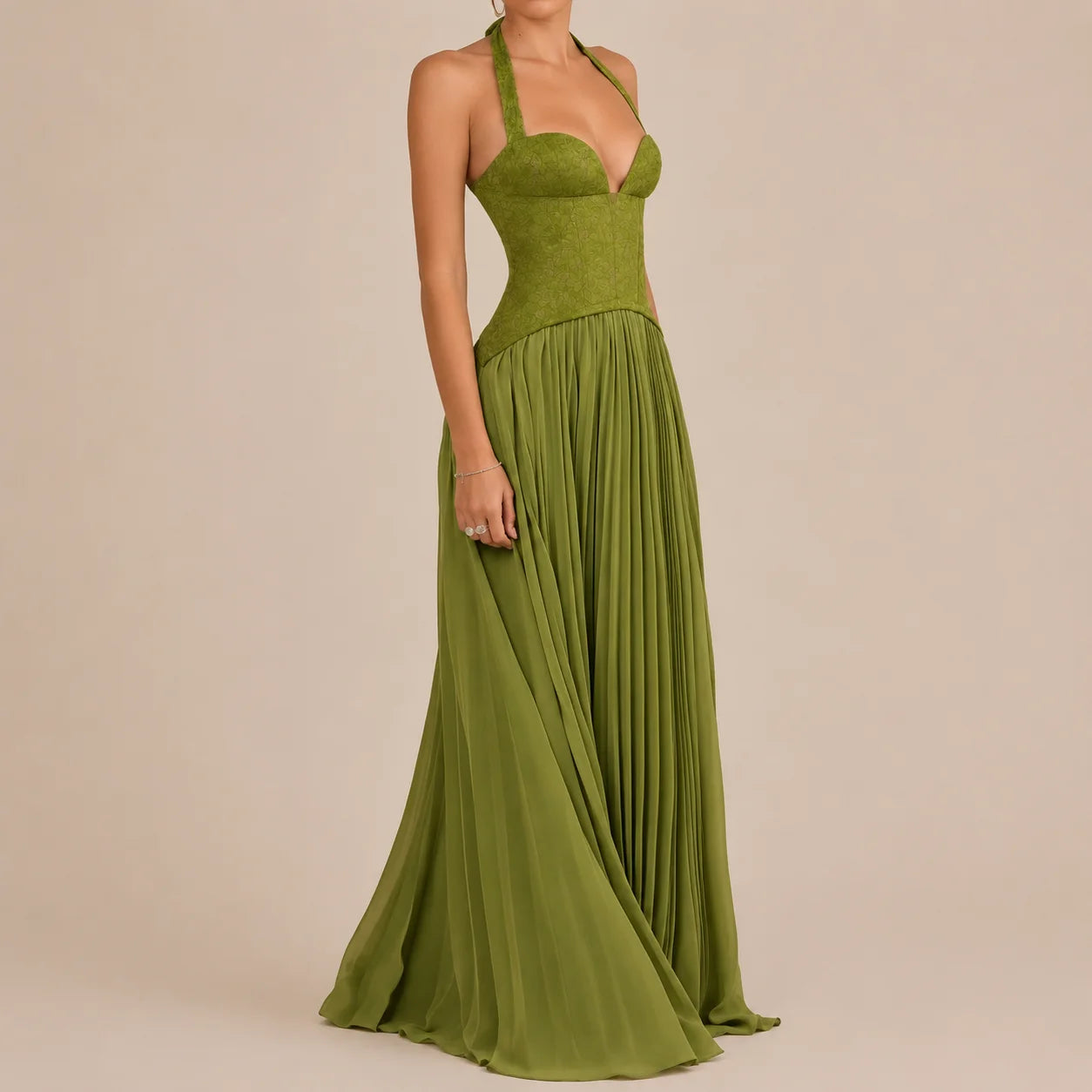 Lace Corset Halter Maxi Dress – Pleated A-Line Backless Formal Gown | Oyese