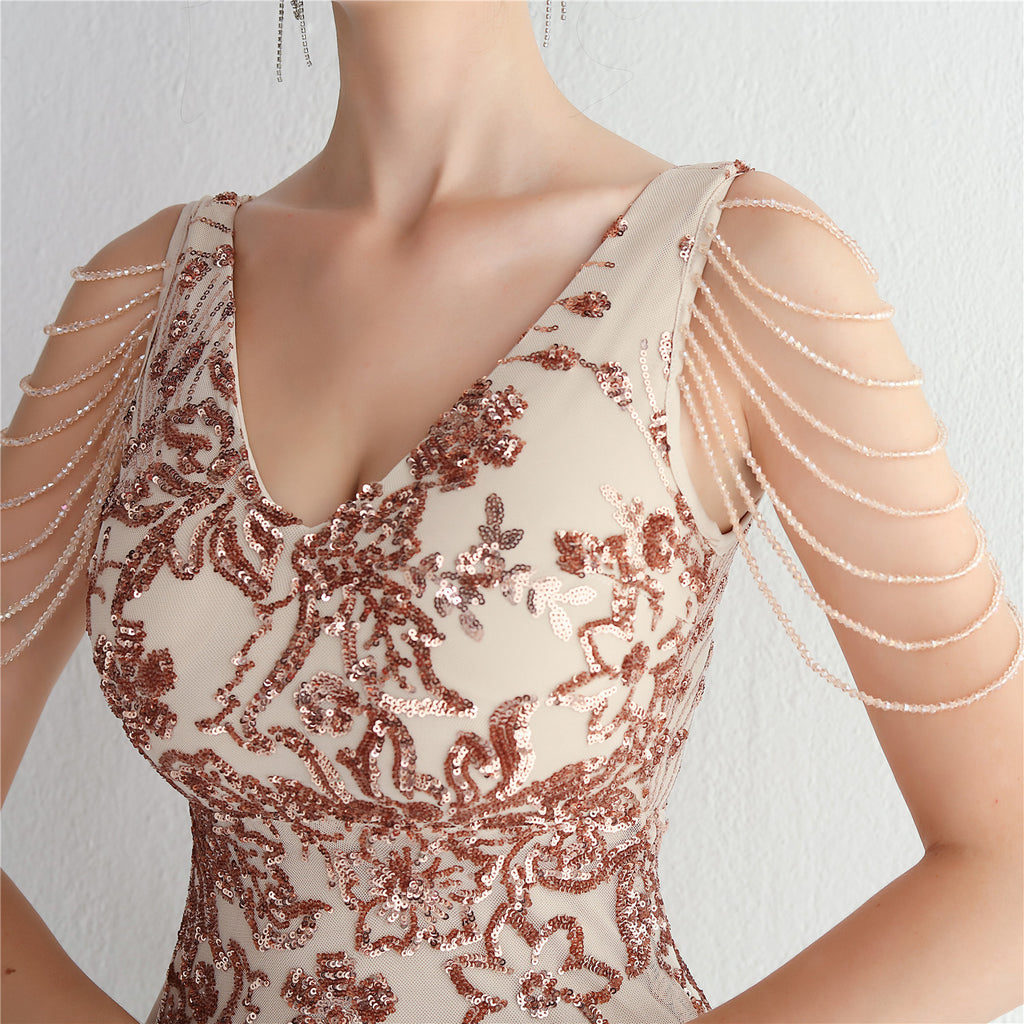 V-Neck Floral Sequin Embroidered Mermaid Evening Gown | Oyese