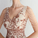 V-Neck Floral Sequin Embroidered Mermaid Evening Gown | Oyese
