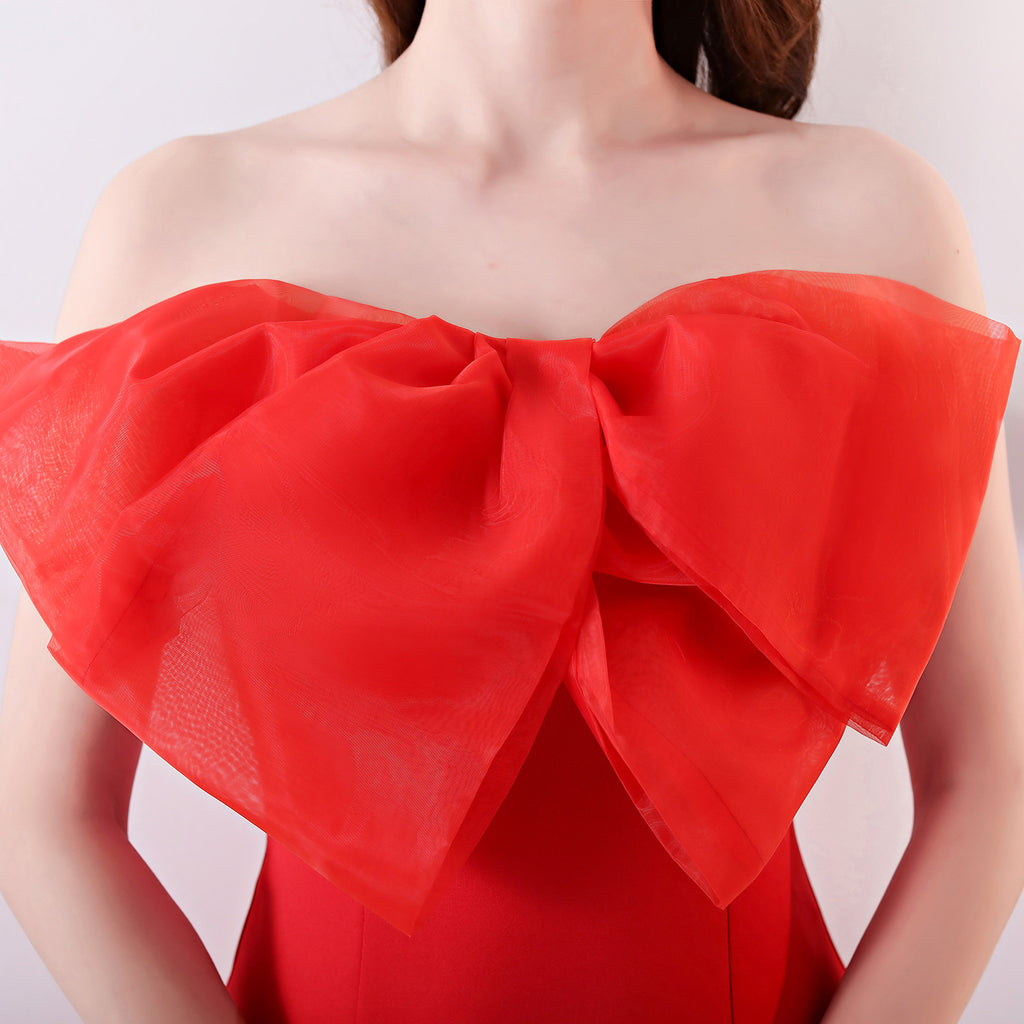 Strapless Bow Detail Satin Mermaid Evening Gown | Oyese