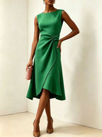 Twisted Knot Waist Midi Dress – Sleeveless Round Neck Office Dress | Oyese