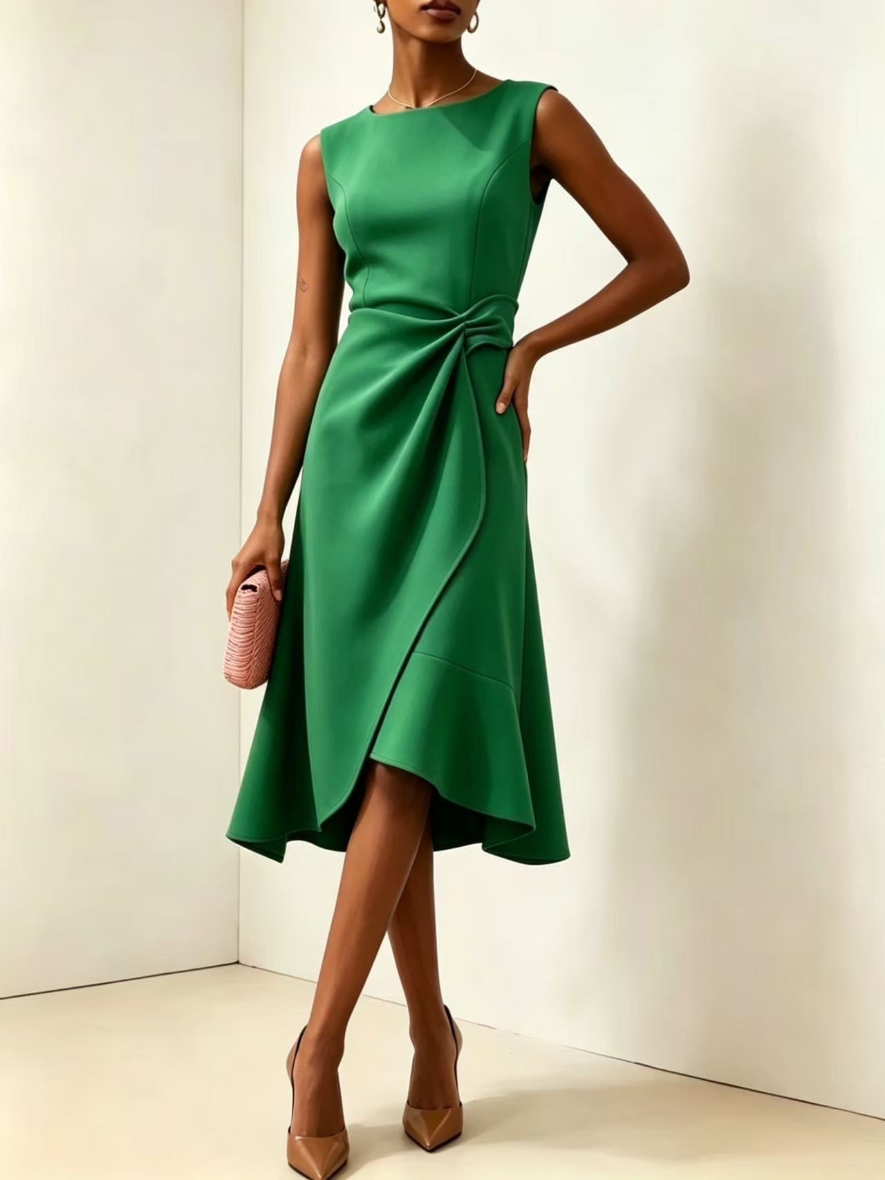 Twisted Knot Waist Midi Dress – Sleeveless Round Neck Office Dress | Oyese
