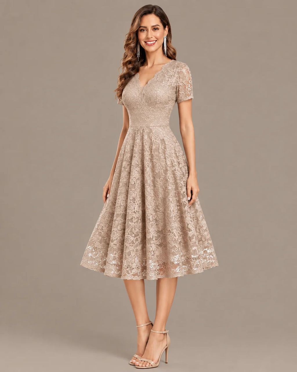 Lace V-Neck Short Sleeve Fit-and-Flare Knee Dress | Oyese