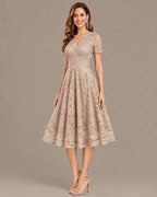 Lace V-Neck Short Sleeve Fit-and-Flare Knee Dress | Oyese