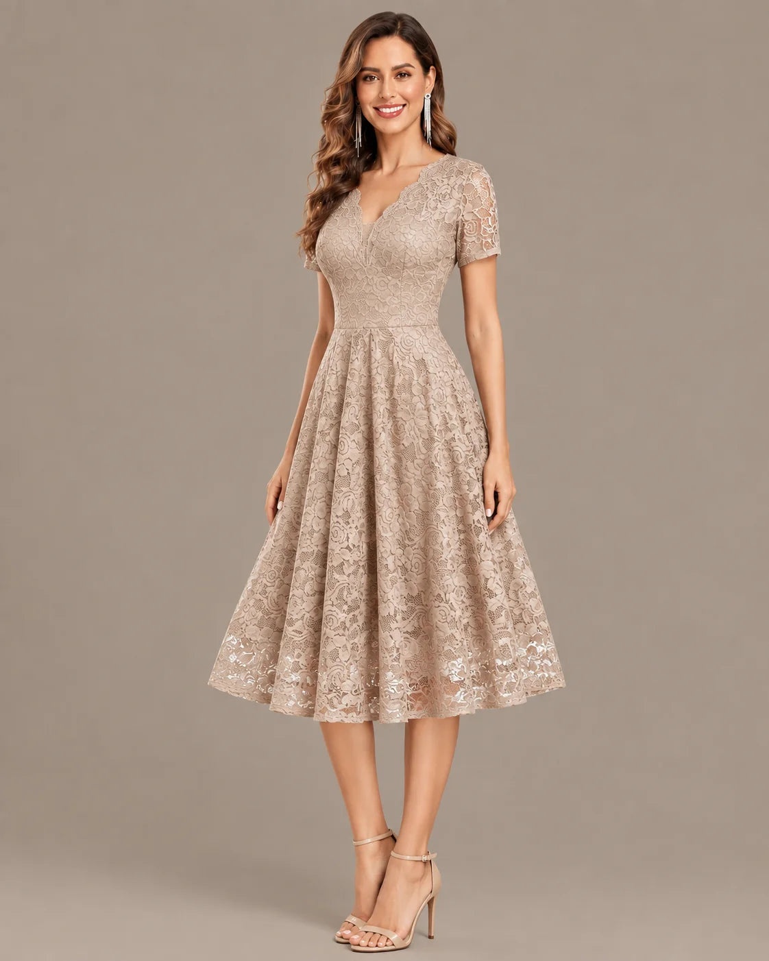 Lace V-Neck Short Sleeve Fit-and-Flare Knee Dress | Oyese