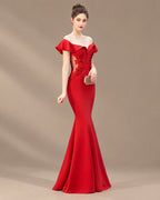 Off-Shoulder Ruffle Sleeve Beaded Mermaid Evening Gown | Oyese