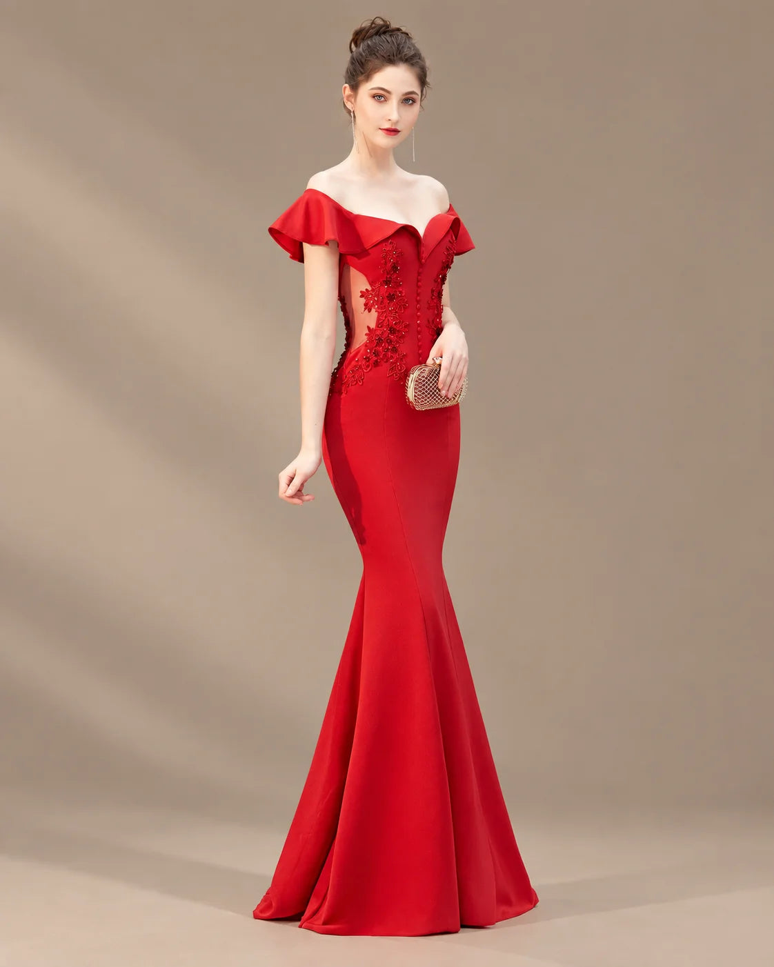 Off-Shoulder Ruffle Sleeve Beaded Mermaid Evening Gown | Oyese