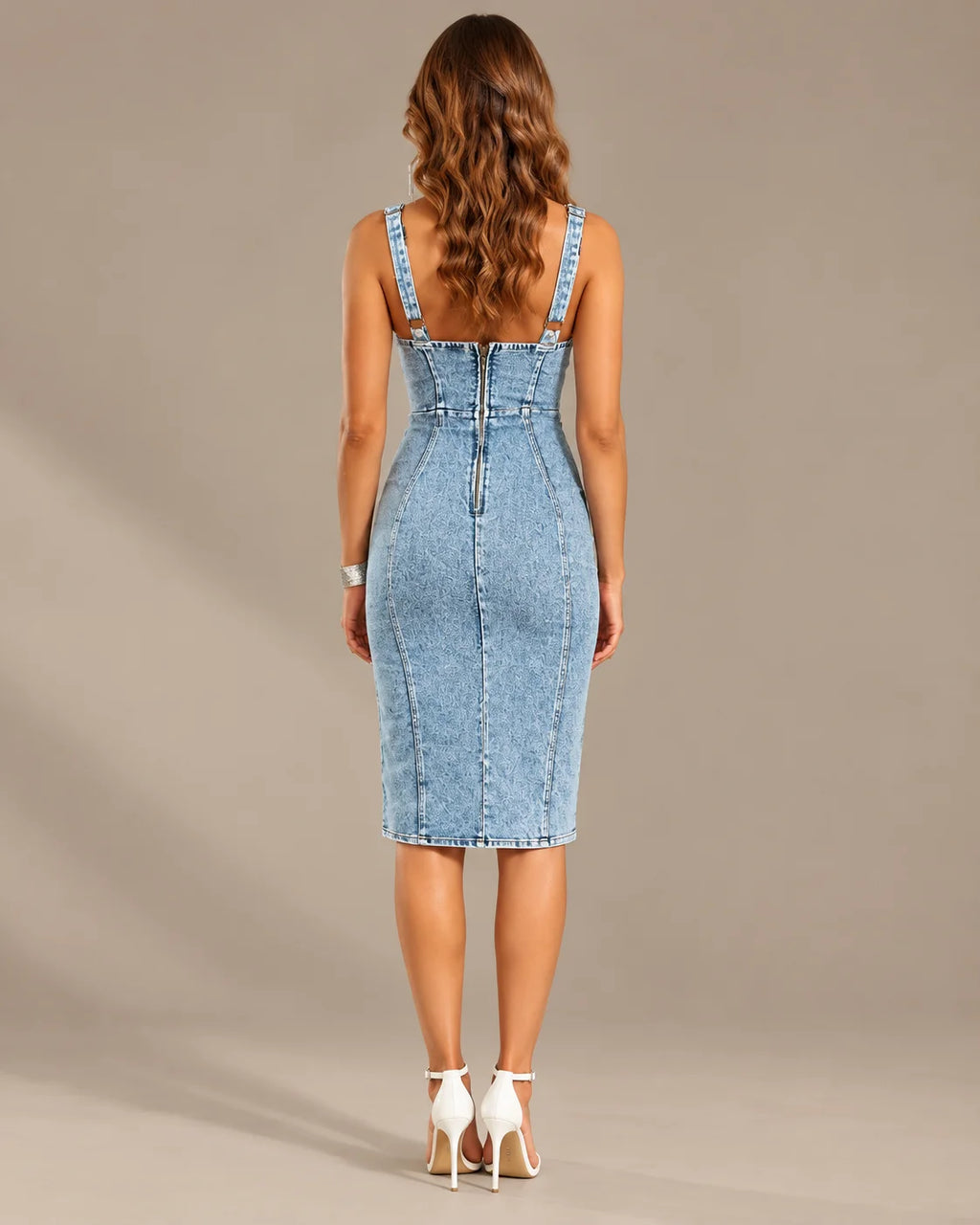 Scoop Neck Washed Denim Bodycon Midi Dress with Slit | Oyese