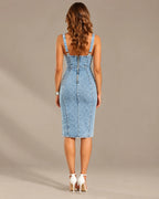 Scoop Neck Washed Denim Bodycon Midi Dress with Slit | Oyese