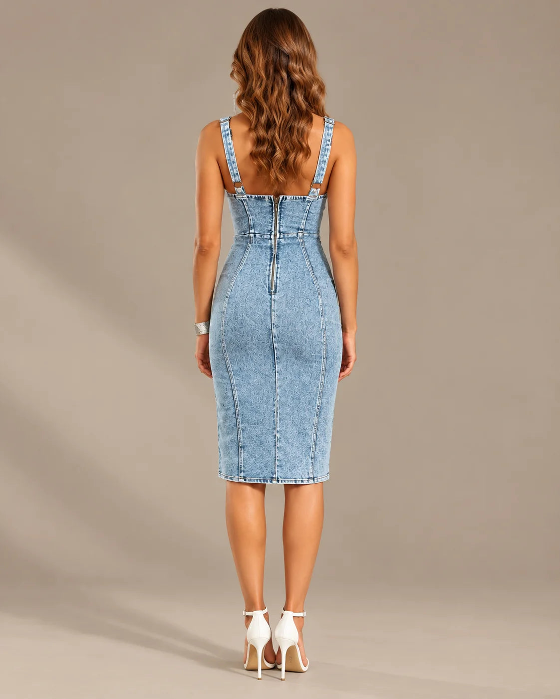 Scoop Neck Washed Denim Bodycon Midi Dress with Slit | Oyese