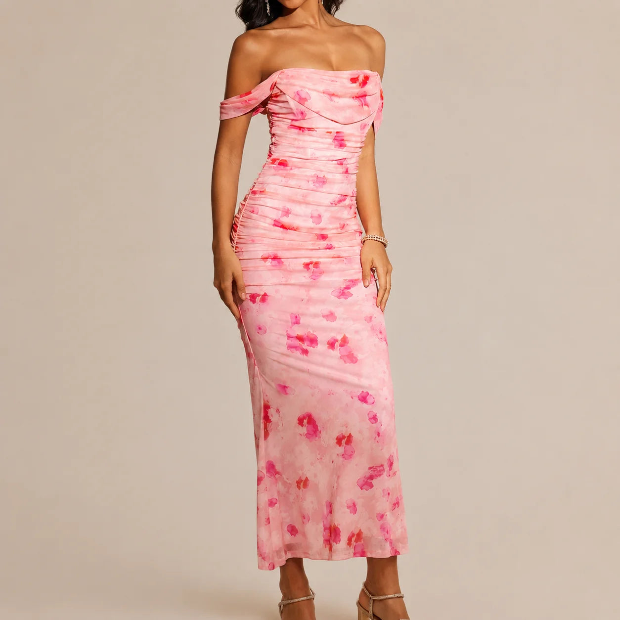 Off-Shoulder Ruched Mesh Bodycon Maxi Dress – Mermaid Evening Gown | Oyese