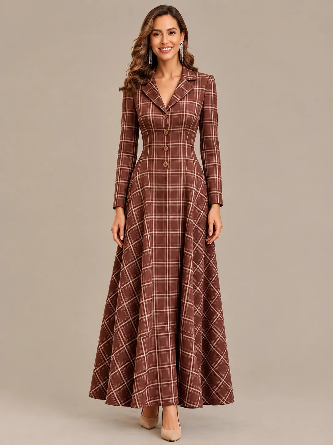 Notched Lapel Plaid Button Front A-Line Maxi Dress | Oyese