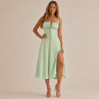 Square Neck Tie Front A-Line Midi Dress – Floral & Solid Summer Dress | Oyese