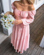 Off-Shoulder Square Neck Tiered Puff Sleeve Maxi Dress | Oyese