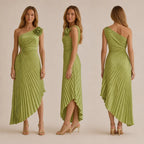 One Shoulder Rosette Pleated Maxi Dress – Cutout Waist Formal Gown | Oyese