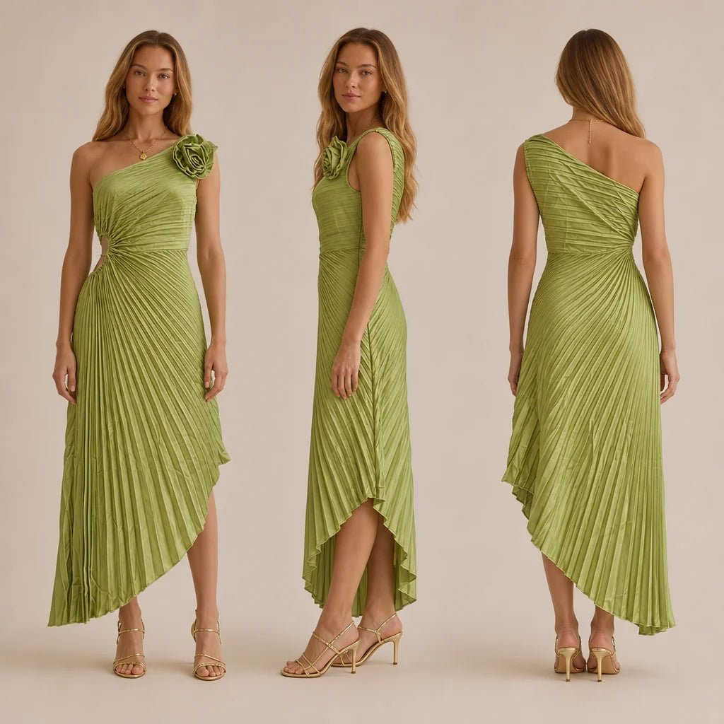 One Shoulder Rosette Pleated Maxi Dress – Cutout Waist Formal Gown | Oyese